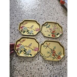 Vintage Small Elite Metal Trays Flowers Birds Set of 4 Made in England Tip Decor